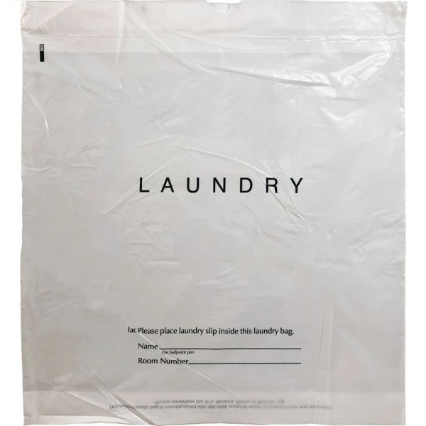 Hotel Laundry Bags, 1.25 Mil Plastic with Draw Tape for Easy Closure and Handle, 18 inch x 19 inch, 4 inch Gusset, Write-On Lines, Biodegradable 