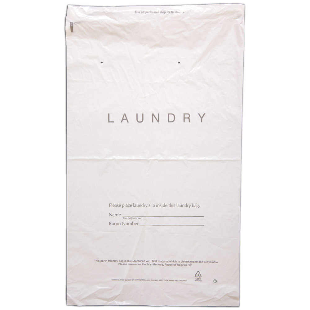 18 x 19 x 1.25 mil White Landfill-Biodegradable Plastic Hotel Laundry  Bags with Drawstring for Closing, 4 Bottom Gusset, Vent Hole (Case of  1,000)